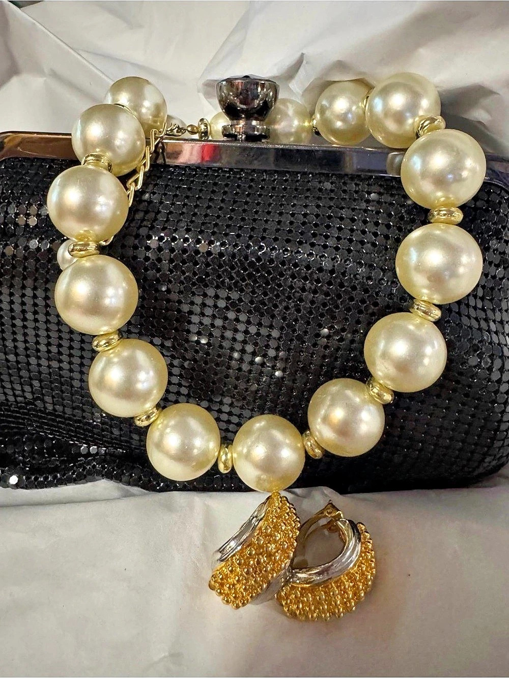 Glass Pearl Necklace and Vintage Earrings Set with Black Clutch
